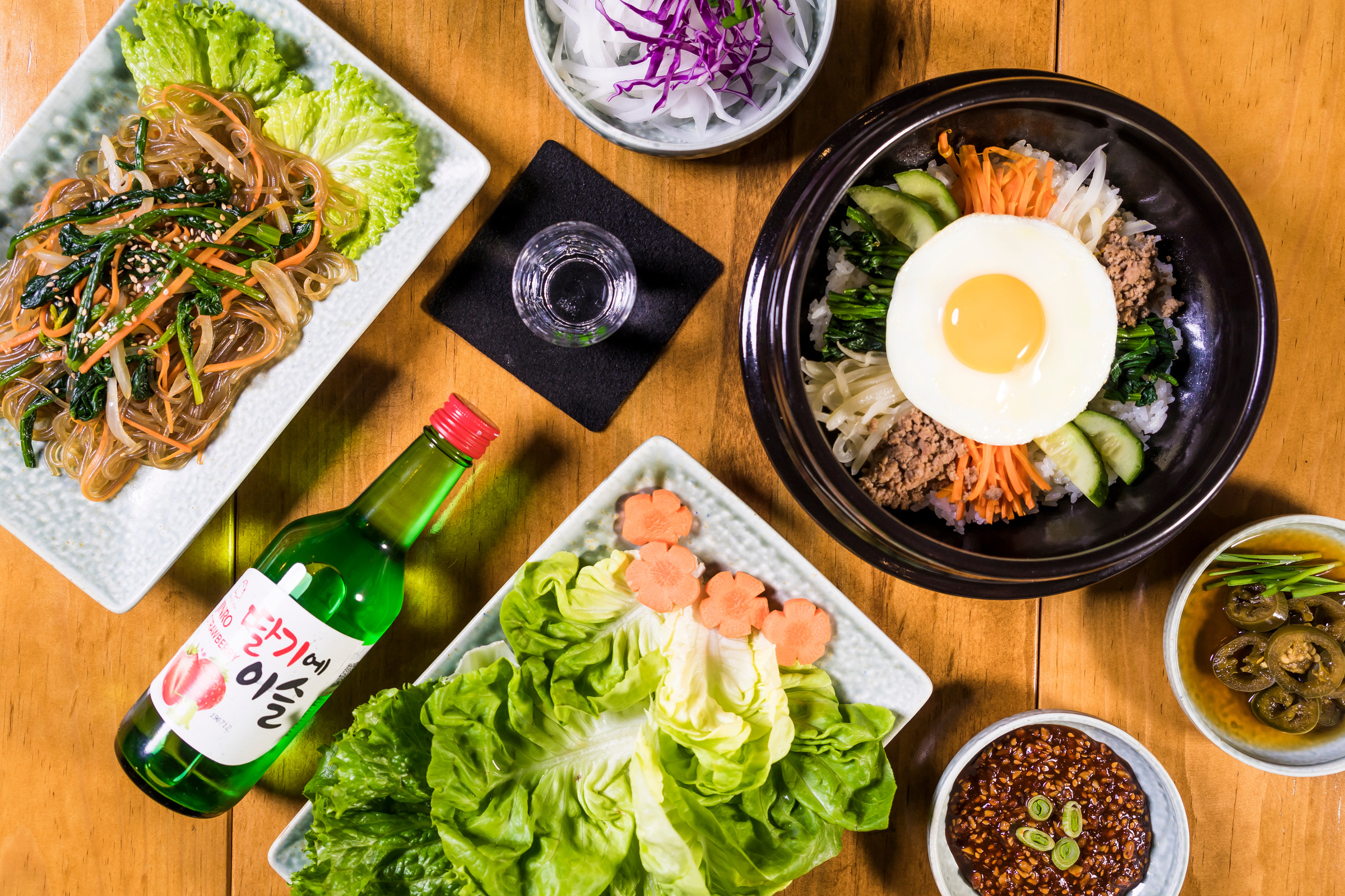 Top View of Soju and a Variety of Korean Food